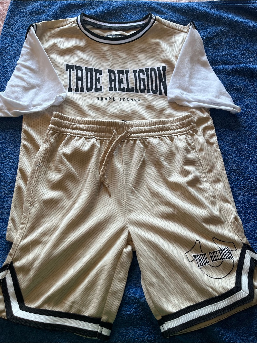 True Religion Kids Cream Drawstring Athletic Shorts with Black Trim